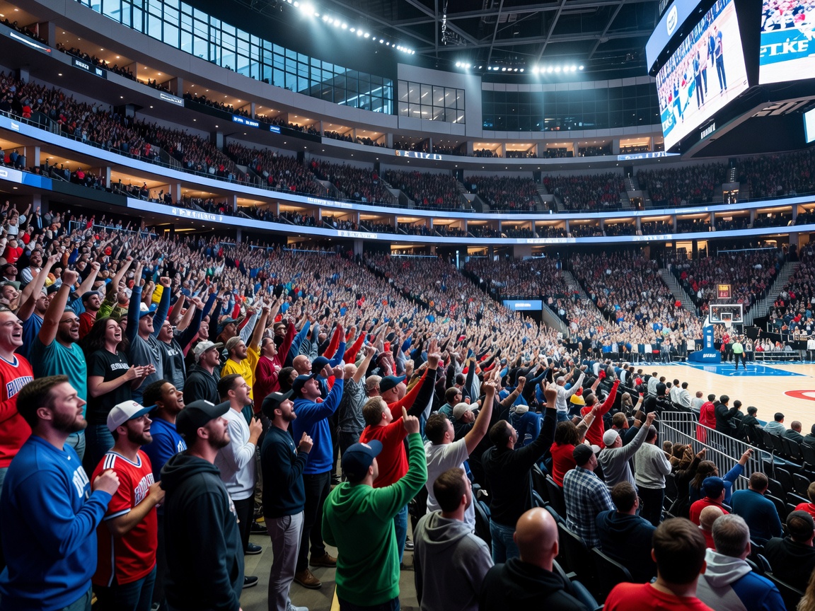A modern sports arena in the United States filled with fans