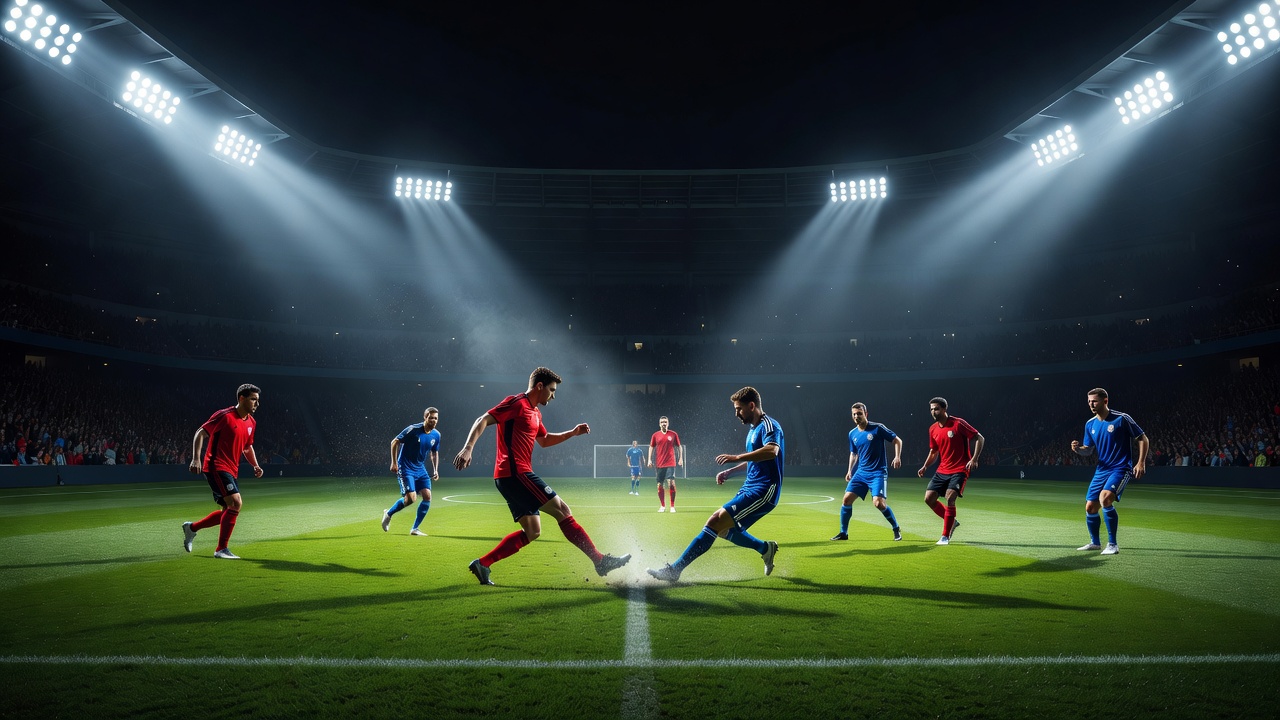 Dramatic view of stadium spotlight beams shining down on a professional soccer match field