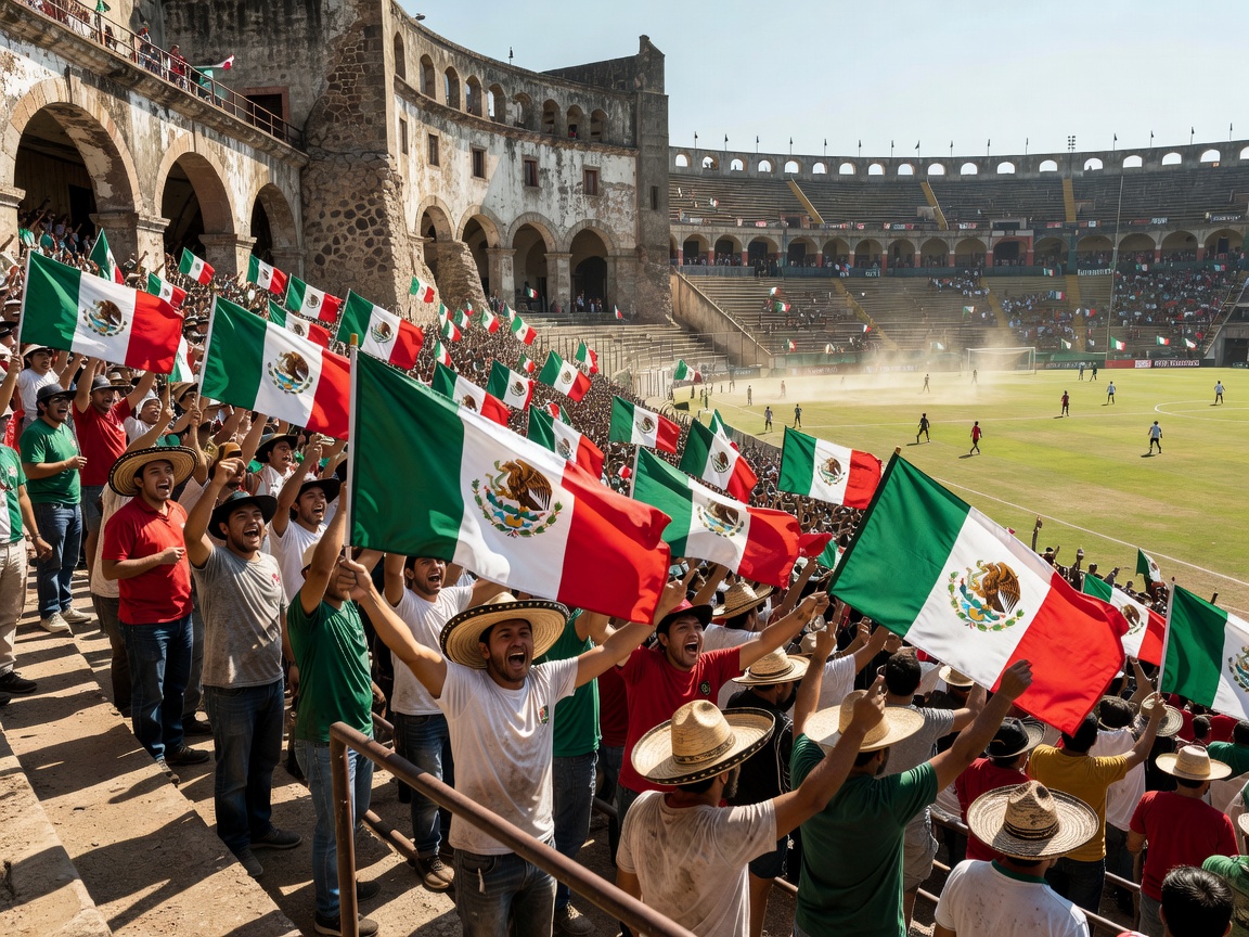 Enthusiastic football supporters waving flags inside a historic Mexican soccer stadium